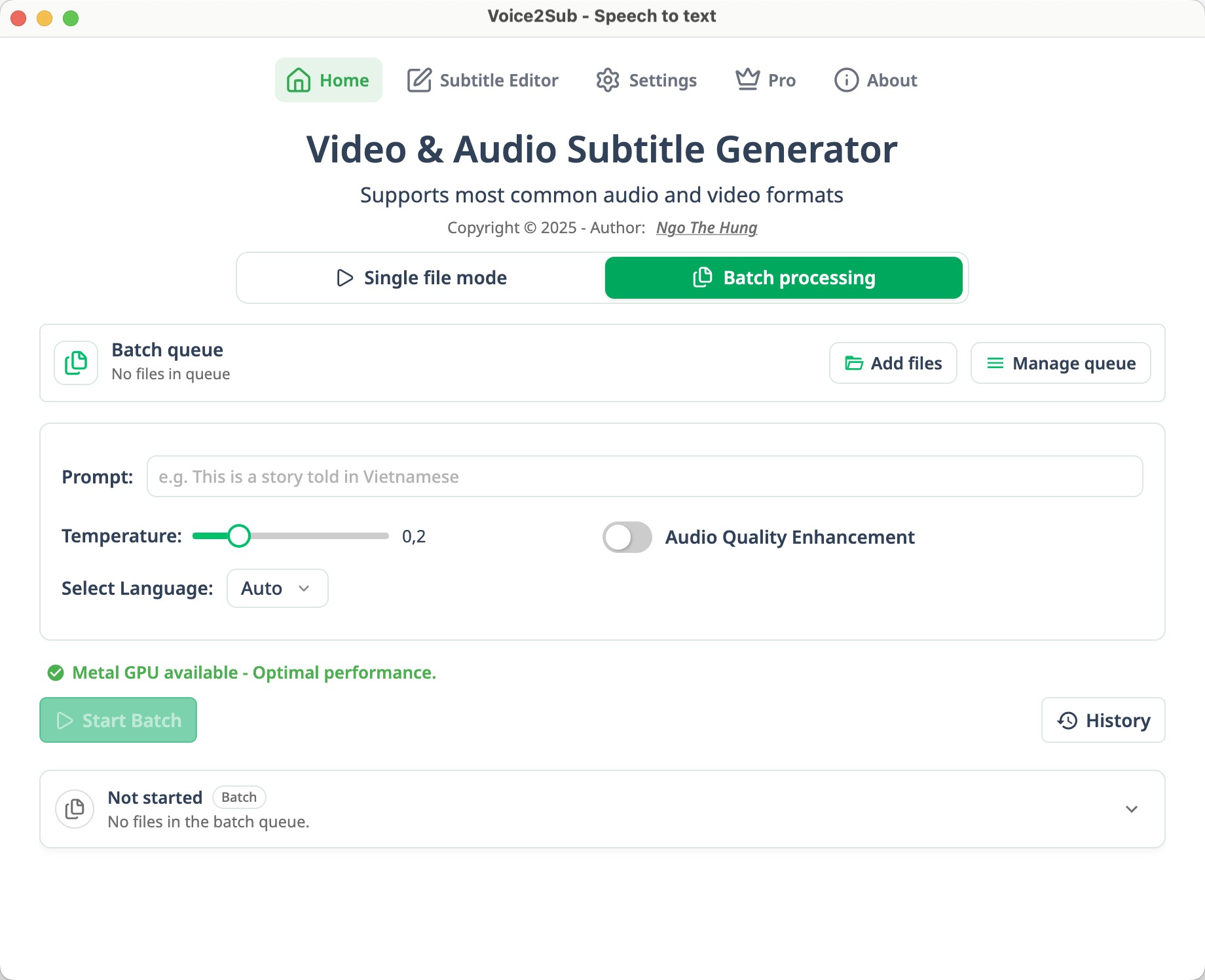 Voice2Sub desktop app generating subtitle files from local media