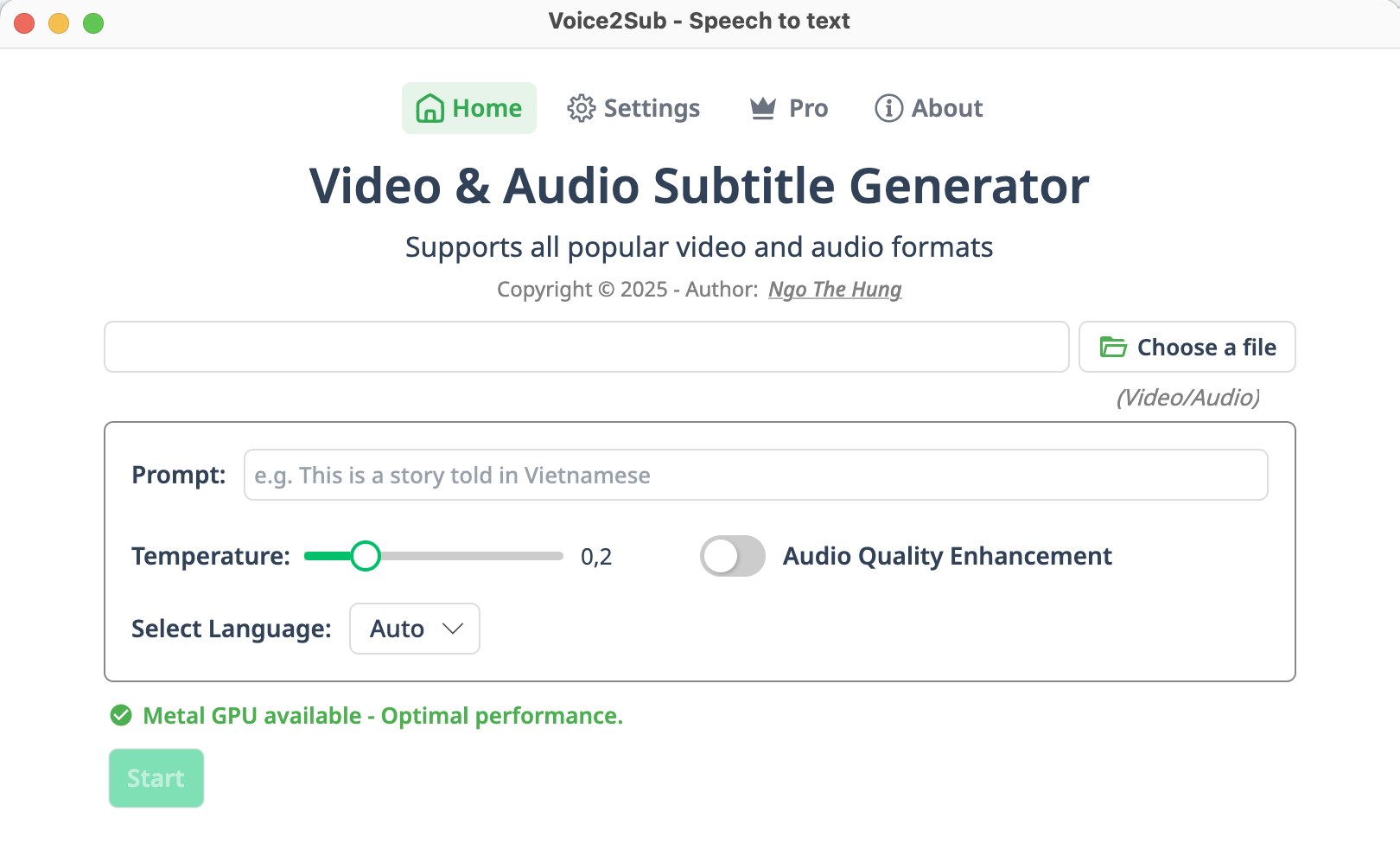 Voice2Sub desktop app subtitle generation screen