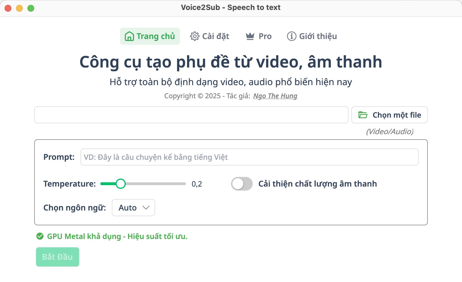 Màn hình tạo phụ đề AI của ứng dụng trên máy tính Voice2Sub